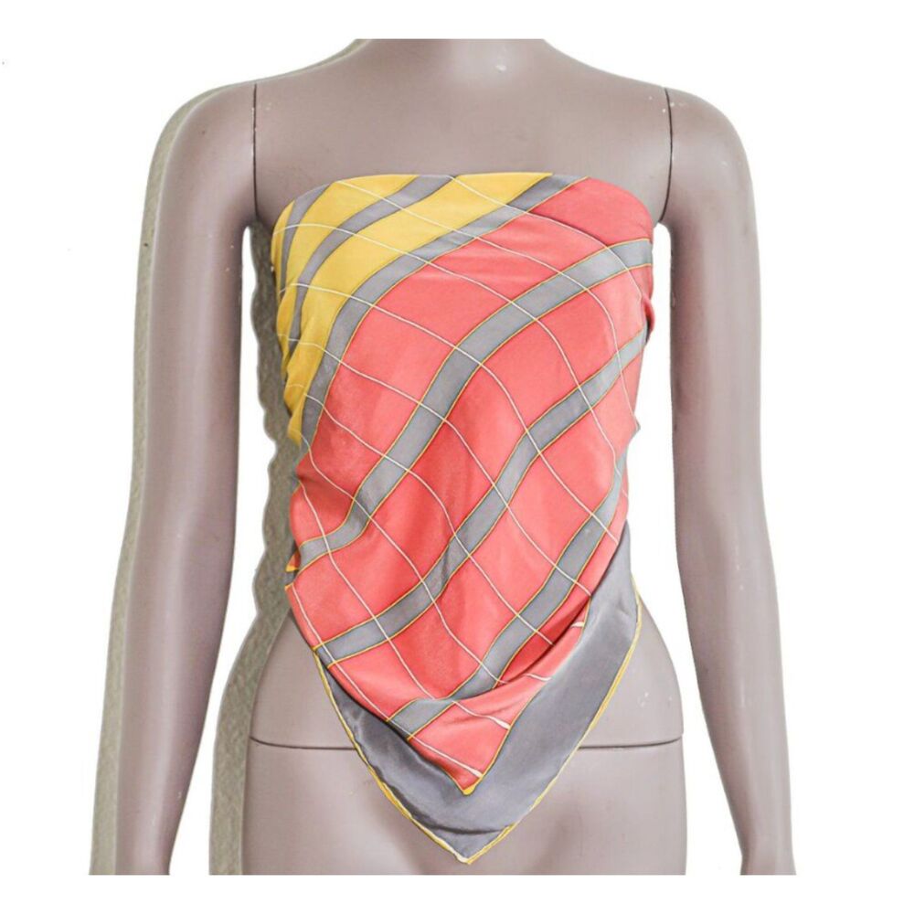 Reine Seide Vintage Silk Scarf Coral Yellow Gray‎ Colorblock Wrap Shawl